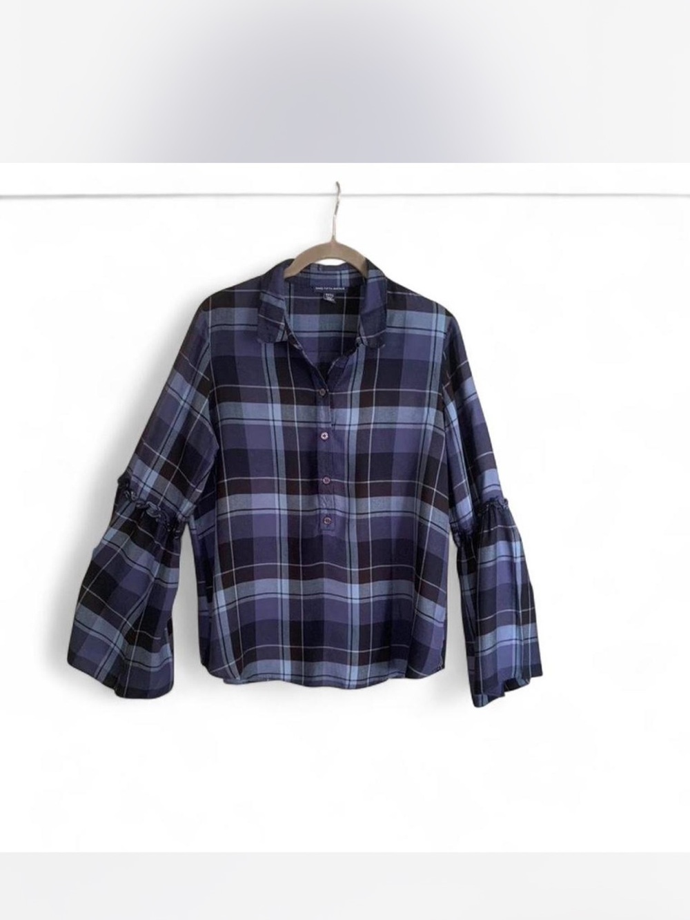 Boho Plaid Saks Fifth Avenue Blue and Black Bell-Sleeve Button Down Shirt S